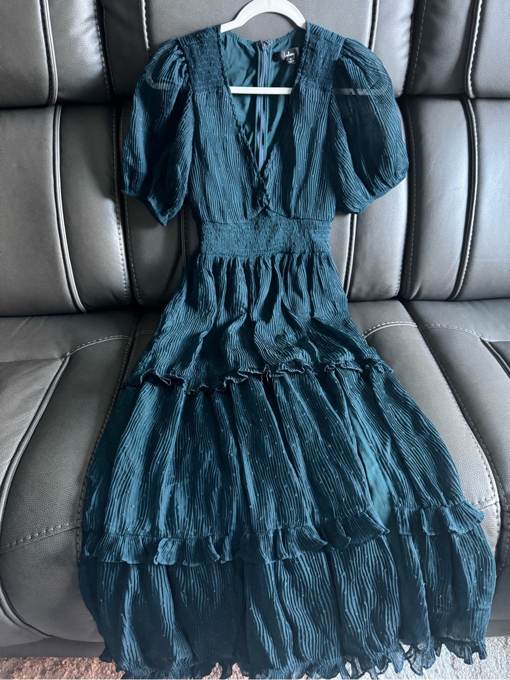 Lulu's Teal Crinkle Smocked Midi Dress with Puff Sleeves
